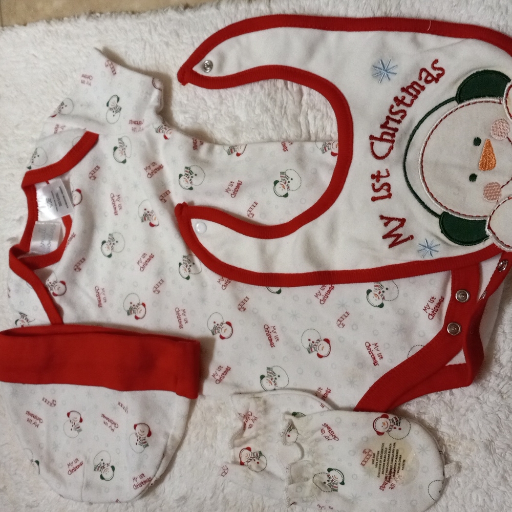 SMALL WONDERS MY 1st XMAS 5-Piece Onesie Set Short Sleeve Hat Mitten Bib 0/3 Mon